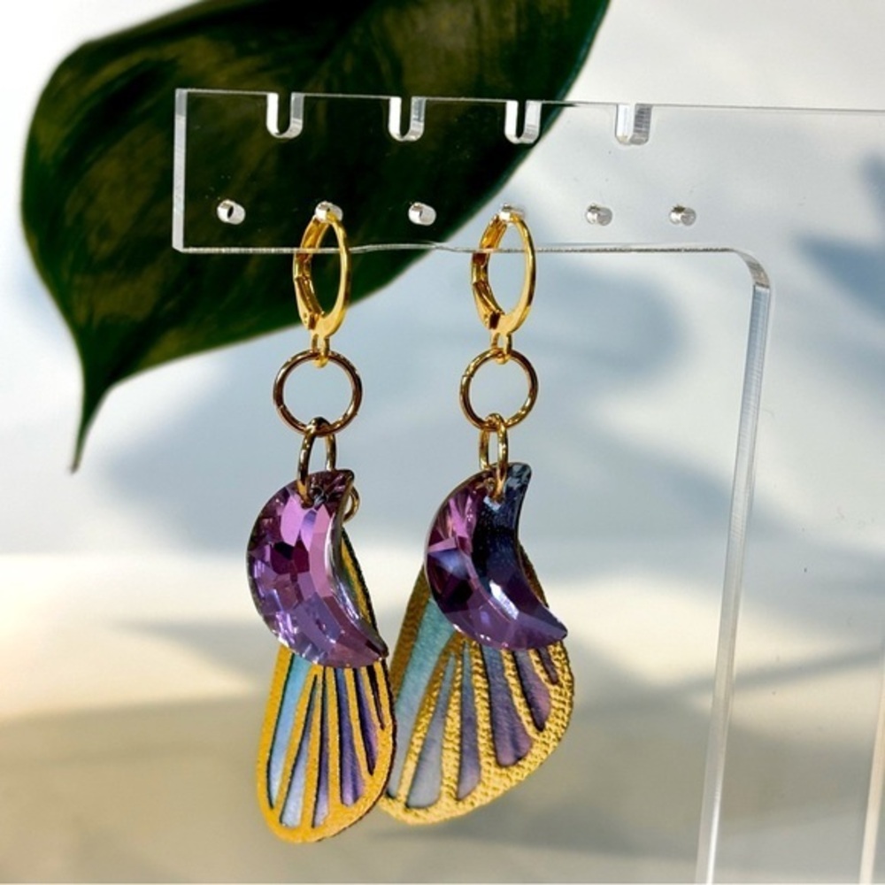 Butterfly Crescent Crystal Lever-back‎ Hoop Earrings NWT